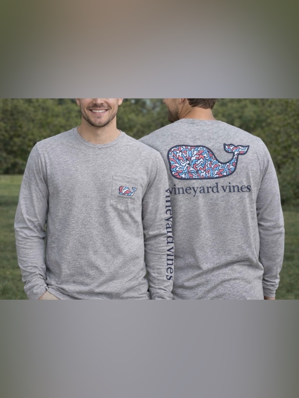 -Vineyard Vines Grey L/S Tee w/Red White & Blue Whale T-Shirt Men's Medium
